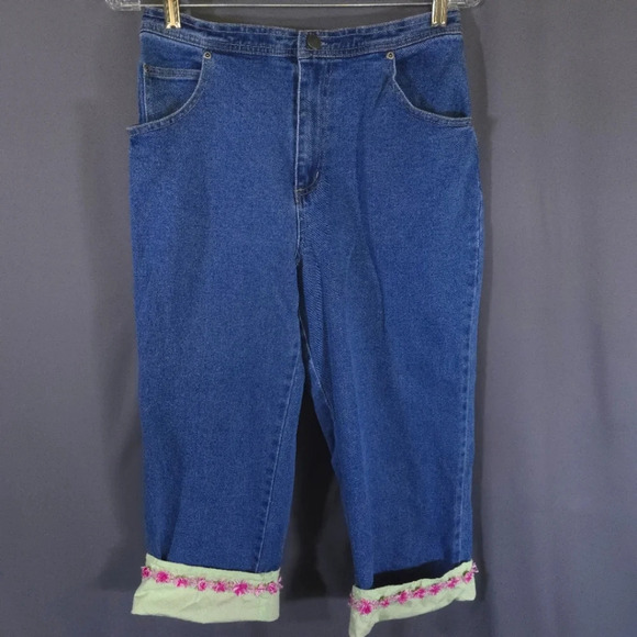 Quacker Factory Denim Pants Elastic Waist Size S Whimsical Fairy Y2K Maximalist - Picture 1 of 10